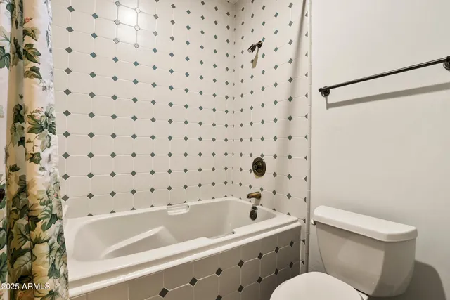 a bathroom with a bathtub and a toilet