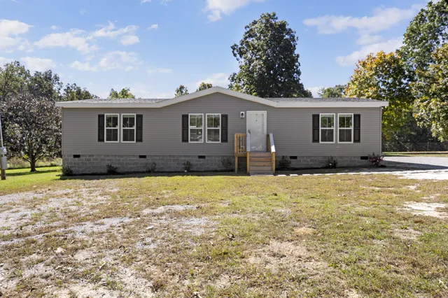 a view of a house with a yard and potted plants