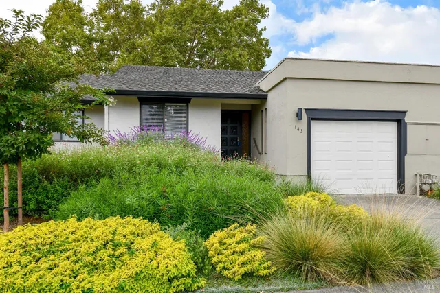 a view of a house with a small yard plants and large tree