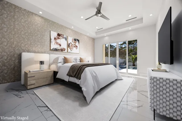 a spacious bedroom with a large bed and a flat screen tv