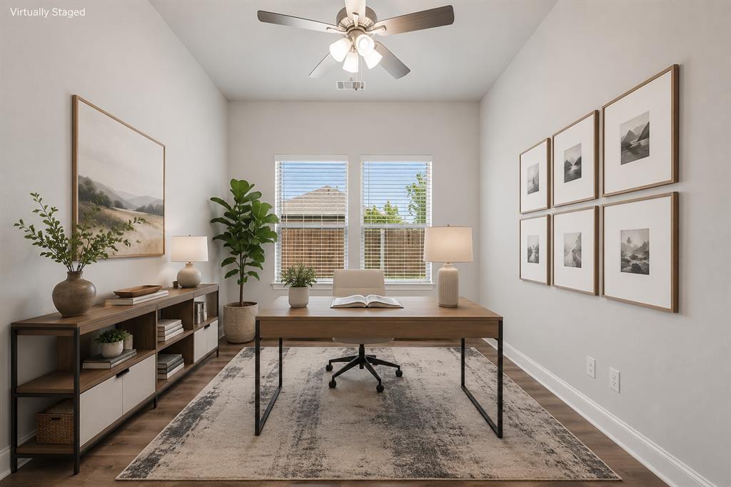 2813 Trinity Ridge Street Mansfield, TX 76063 - Photo 9 of 27 Bright room featuring wood-finish flooring, two windows with blinds, a ceiling fan with integrated lighting, and white baseboards