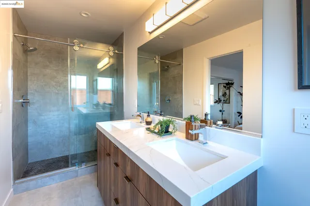 a bathroom with a sink mirror and a shower