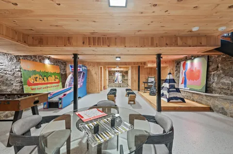 a group of people sitting in patio of a building