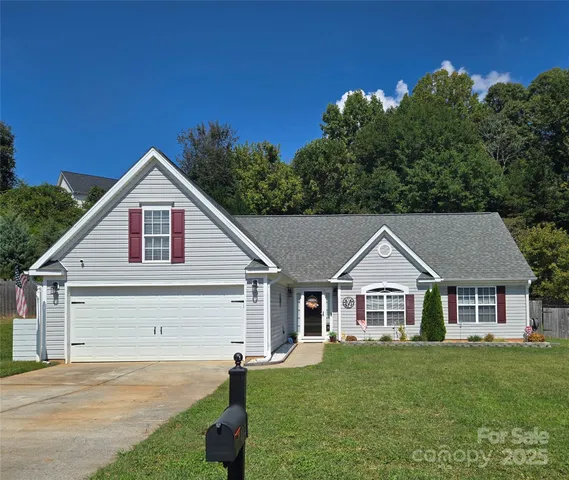 a view of a yard in front of a house with plants and large tree