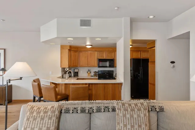 a living room with a couch and a potted plant