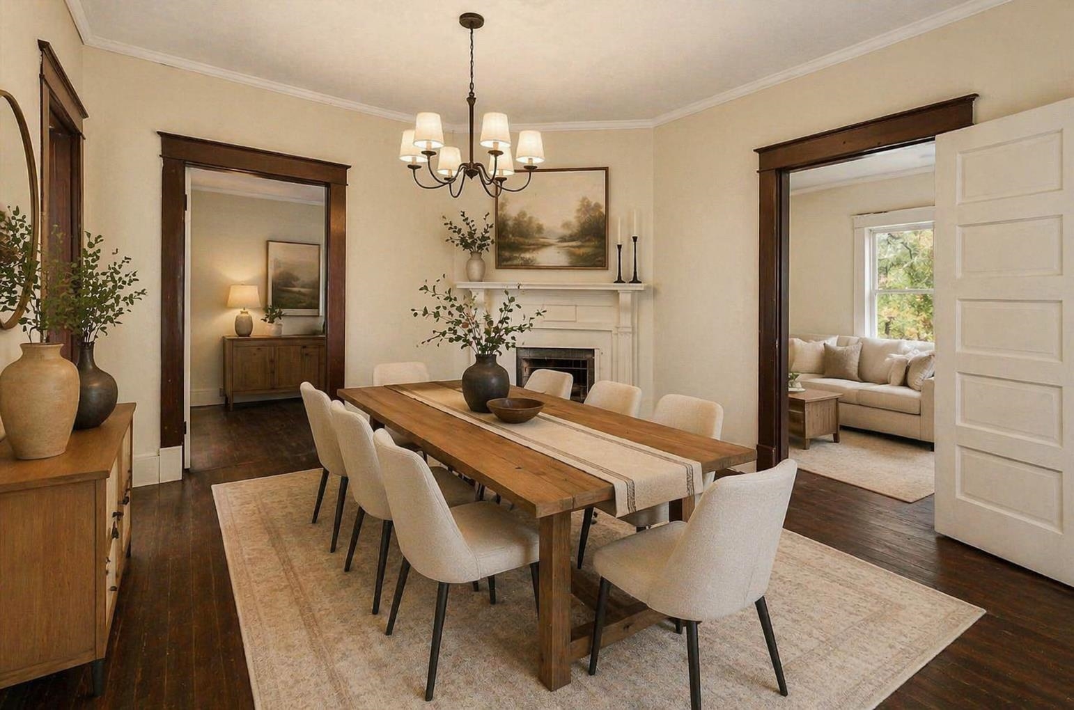 8457 East Kerrville Rosemark Road Millington, TN 38053 - Photo 6 of 32 Dining room with dark wood-type flooring, ornamental molding, hanging lights, and a fireplace