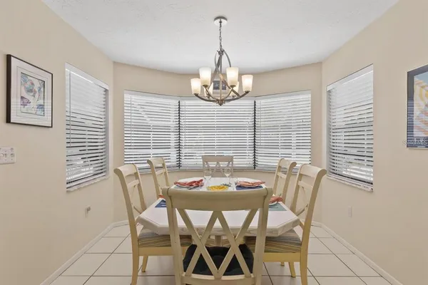 a view of a dining room with furniture window and outside view