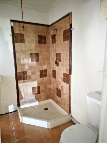 a bathroom with a shower and a toilet