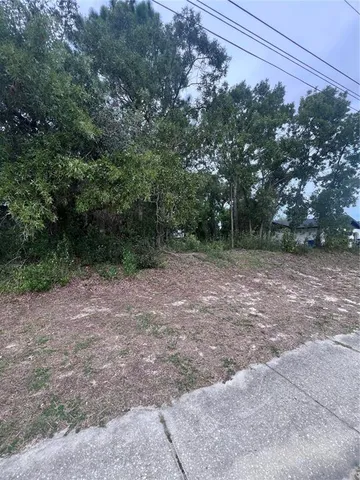 a view of a field with trees in the background