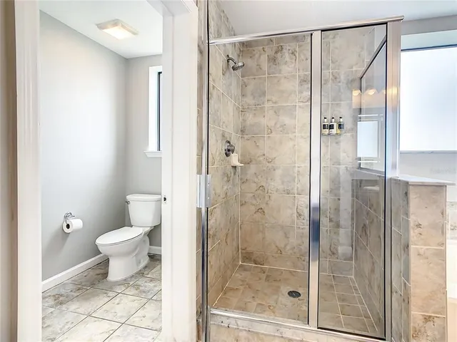 a bathroom with a shower and a toilet