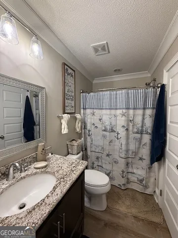 a bathroom with a granite countertop sink toilet and shower