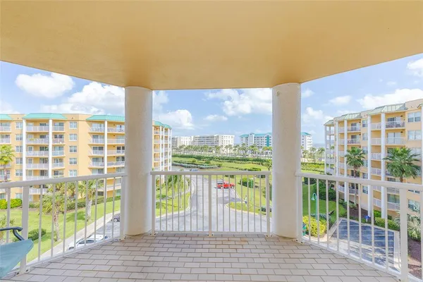 a view of a city from a porch