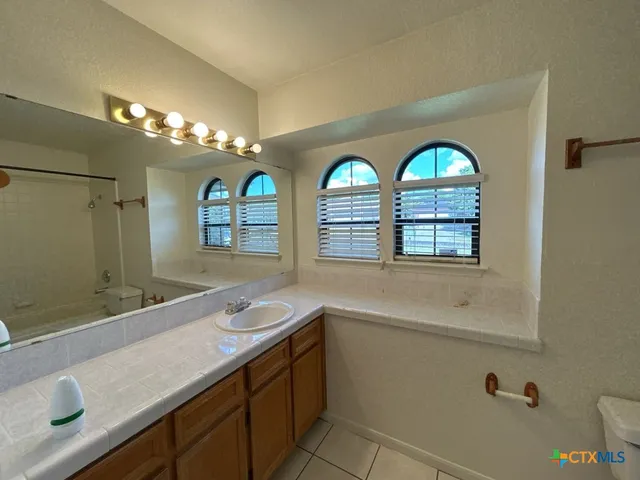a bathroom with a double vanity sink and a large mirror