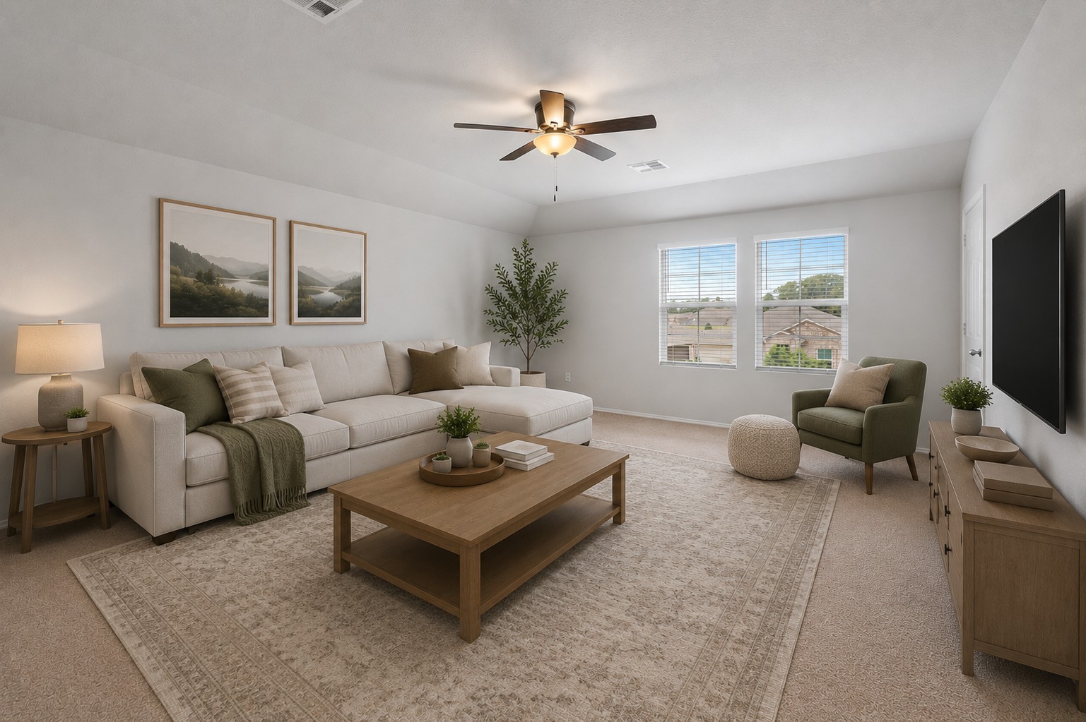 6121 Ronee Leah Drive Austin, TX 78724 - Photo 18 of 30 A naturally illuminated living area features a warm color palette and carpet flooring, creating a comfortable space.