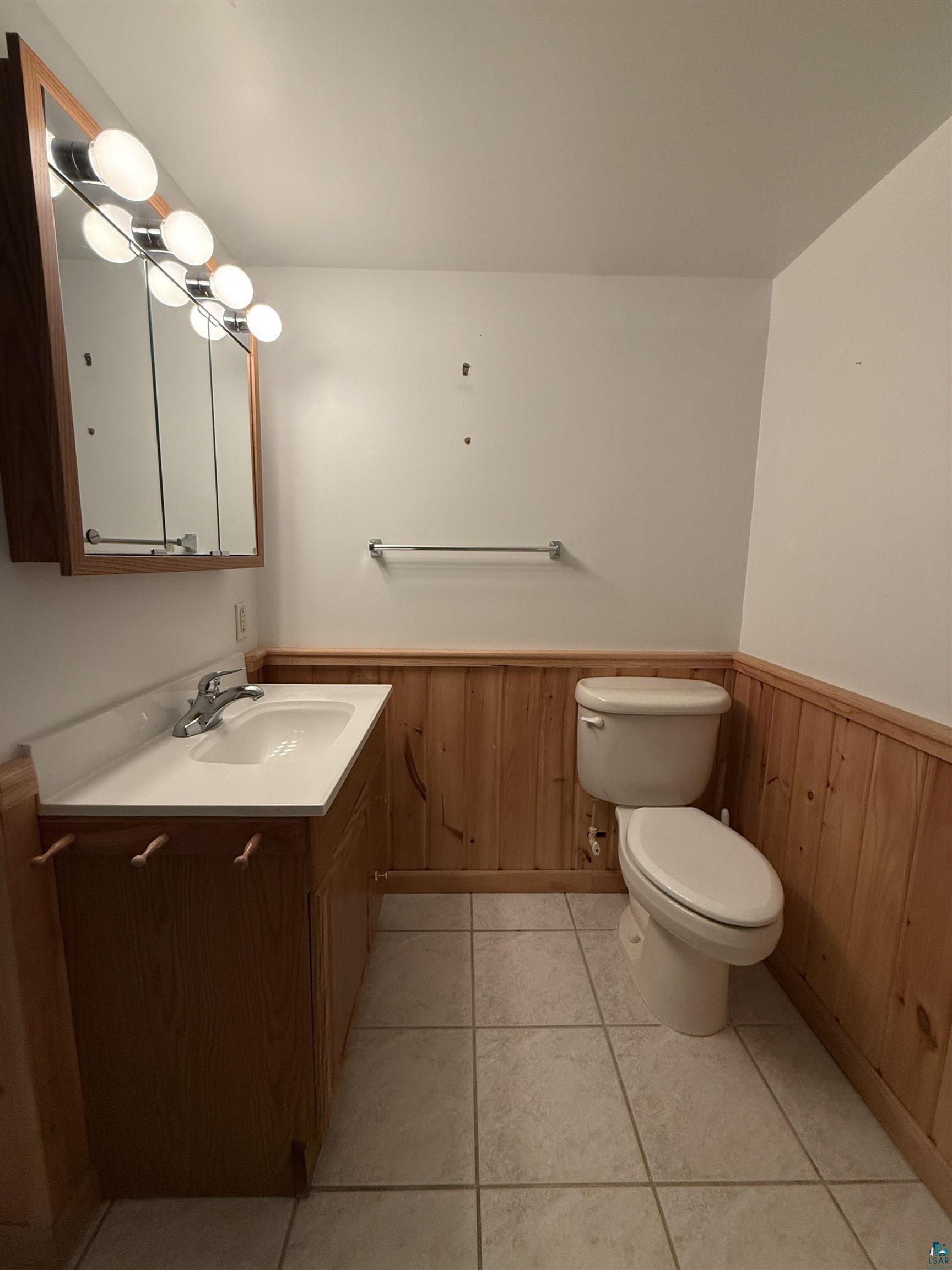 1321 South 13th Street Virginia, MN 55792 - Photo 25 of 33 Half bath featuring vanity, a wainscoted wall, and wooden walls