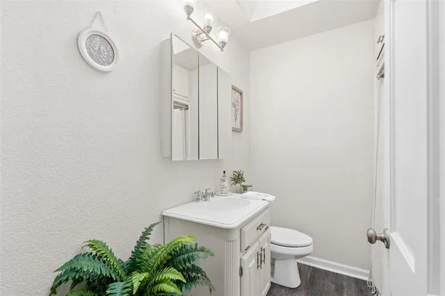 a bathroom with a sink mirror and toilet