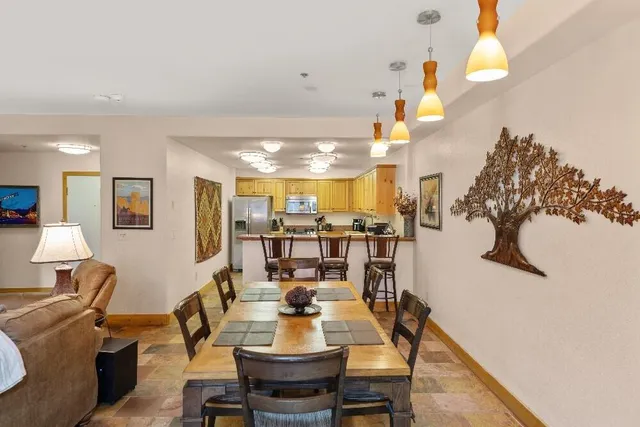 a view of a dining room with furniture