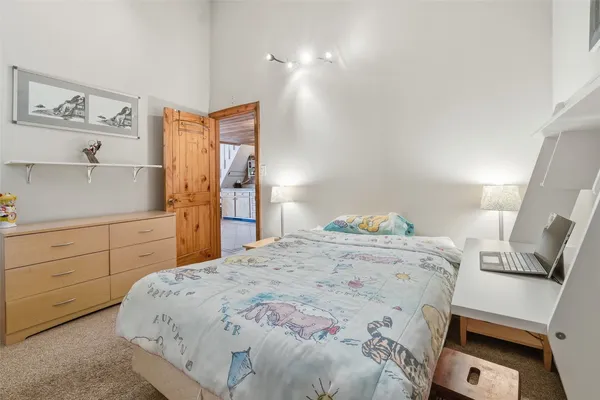 a bedroom with a bed and a cabinets