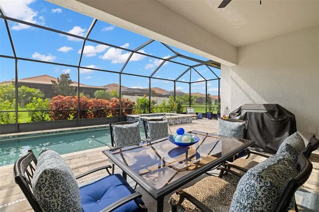 a view of a swimming pool and a yard