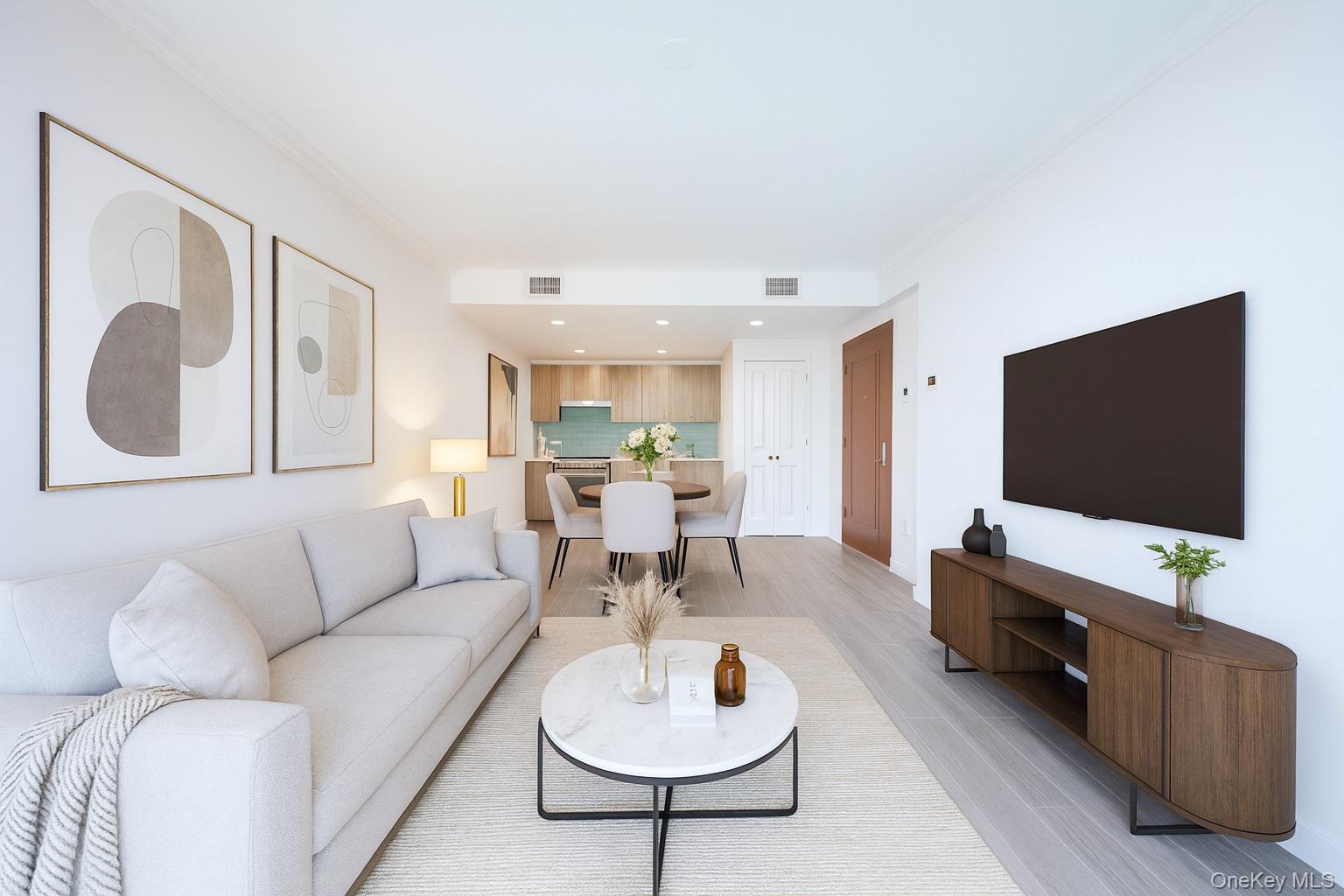 132-27 41st Road, Unit 4A Queens, NY 11355 - Photo 6 of 17 Living room featuring light wood finished floors, ornamental molding, and recessed lighting
