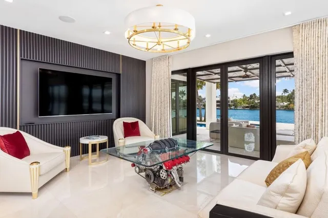 a living room with large window