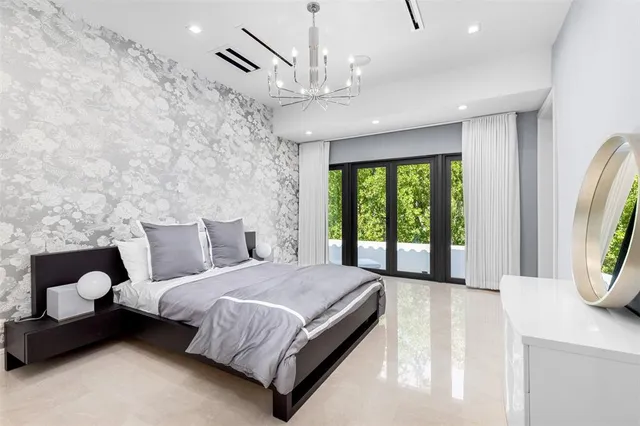 a bedroom with a bed and large windows