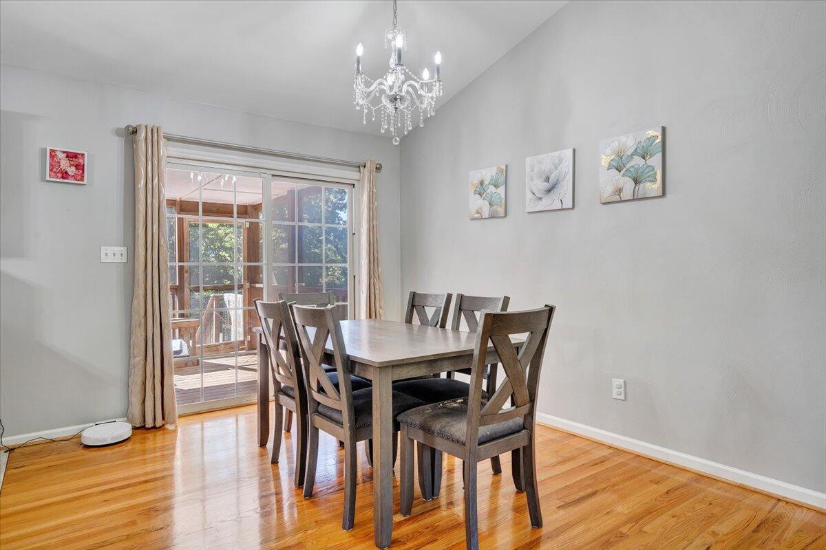 1063 Colony Court Moneta, VA 24121 - Photo 18 of 60 a view of a dining room with furniture a chandelier and wooden floor
