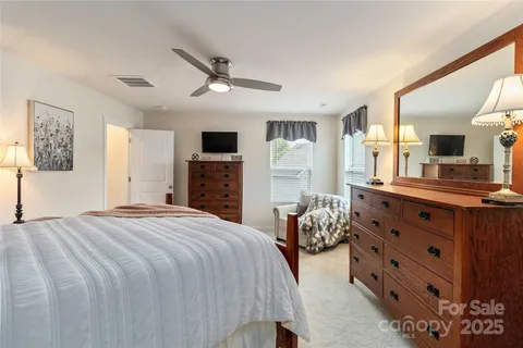 a bedroom with a bed and dresser with mirror