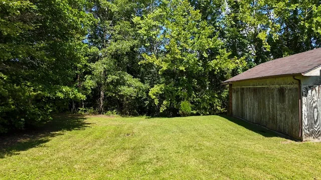 a view of a backyard with pathway