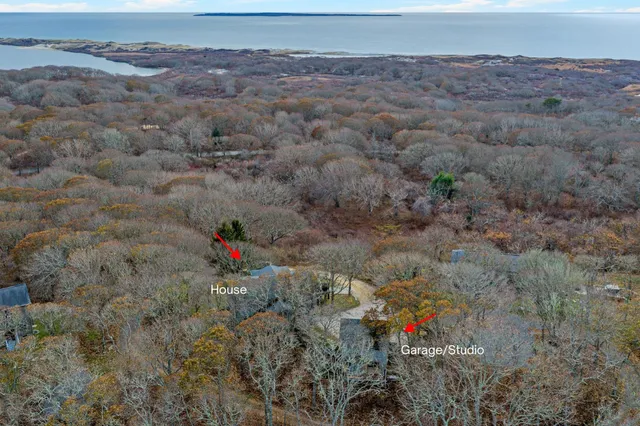 an aerial view of a house with outdoor space and trees all around