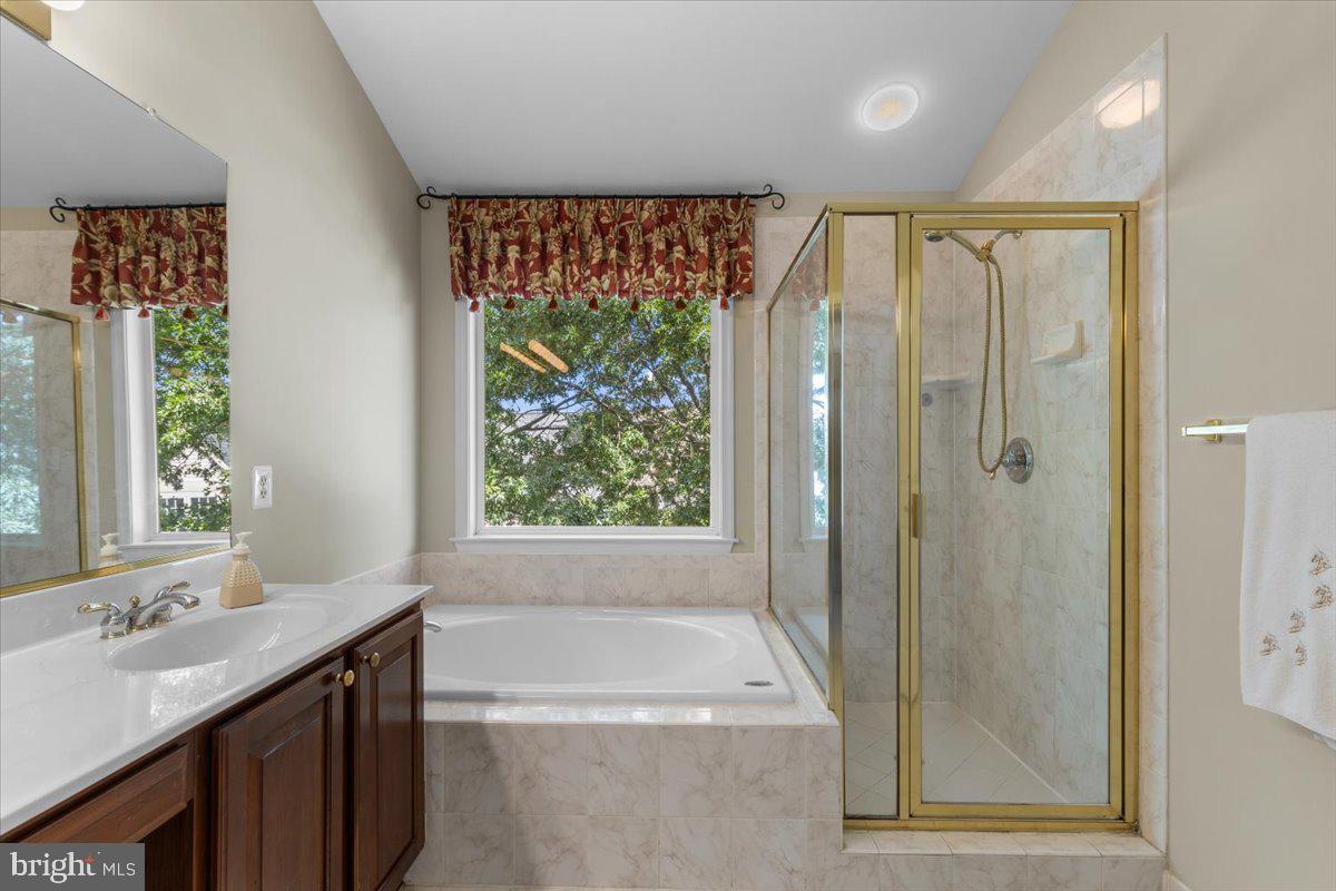 46134 Brisbane Square Sterling, VA 20165 - Photo 26 of 48 a bathroom with a granite countertop sink a large mirror a shower and a bathtub
