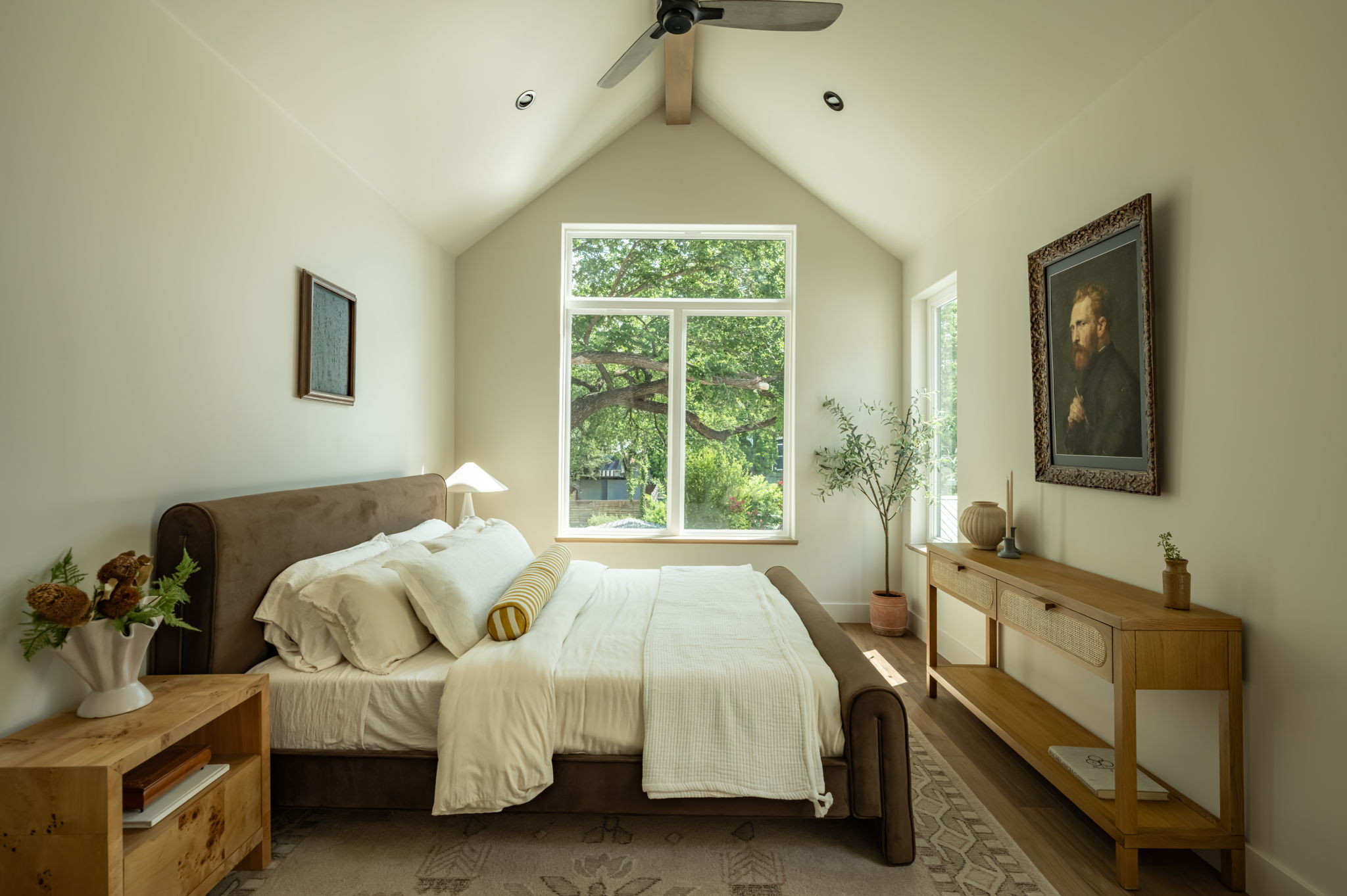 4713 Bolm Road Austin, TX 78702 - Photo 25 of 40 Vaulted ceilings with exposed wood beam, recessed lighting, and a ceiling fan