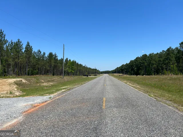 a view of a field and trees in the background