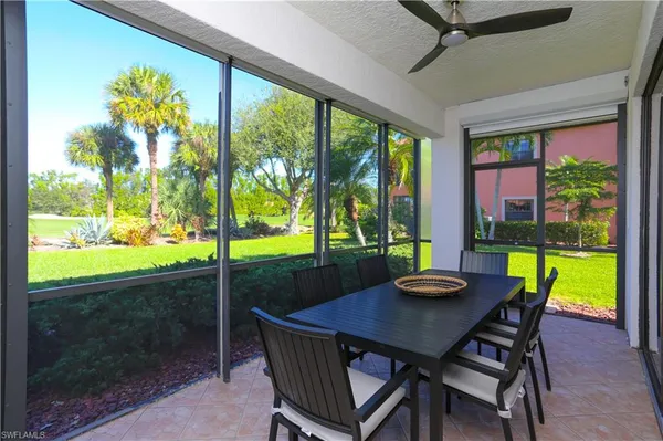 a view of a dining room with furniture window and outside view