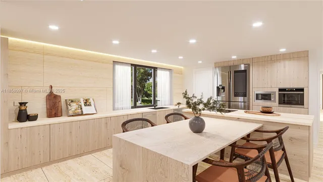 a kitchen with a dining table chairs and white appliances