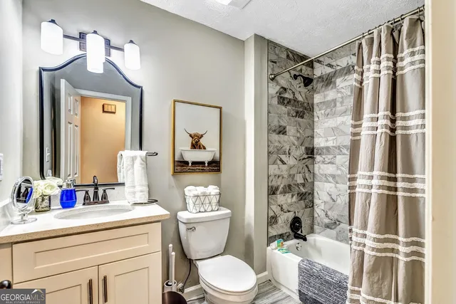 a bathroom with a sink toilet vanity and shower