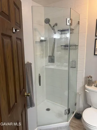a bathroom with a shower and toilet