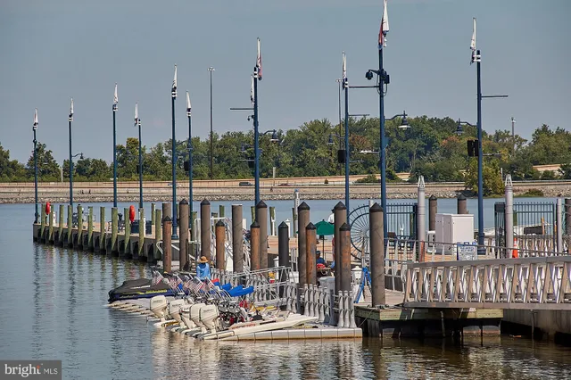 a view of a lake with boats and a bridge