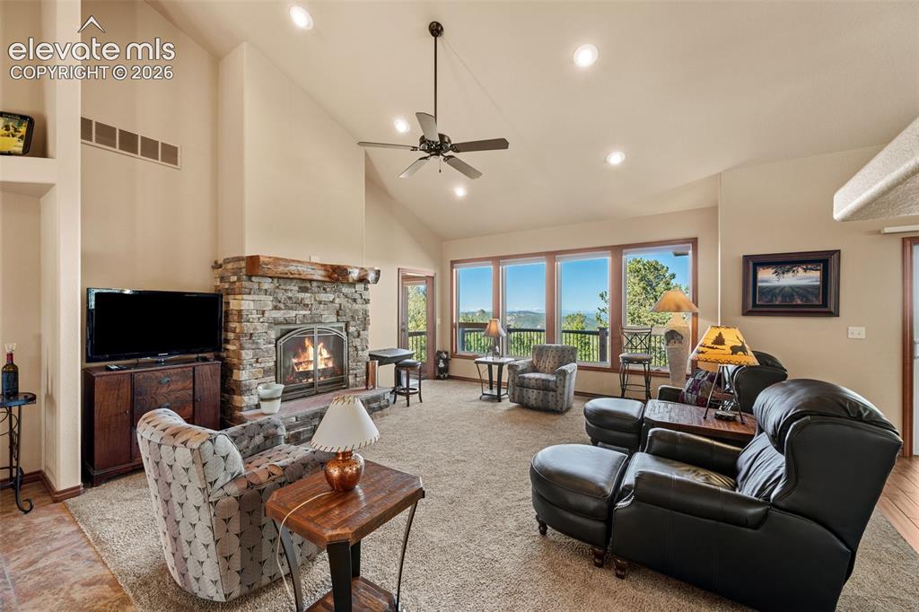 131 Paradiso Road Divide, CO 80814 - Photo 12 of 50 a living room with furniture a fireplace and a flat screen tv