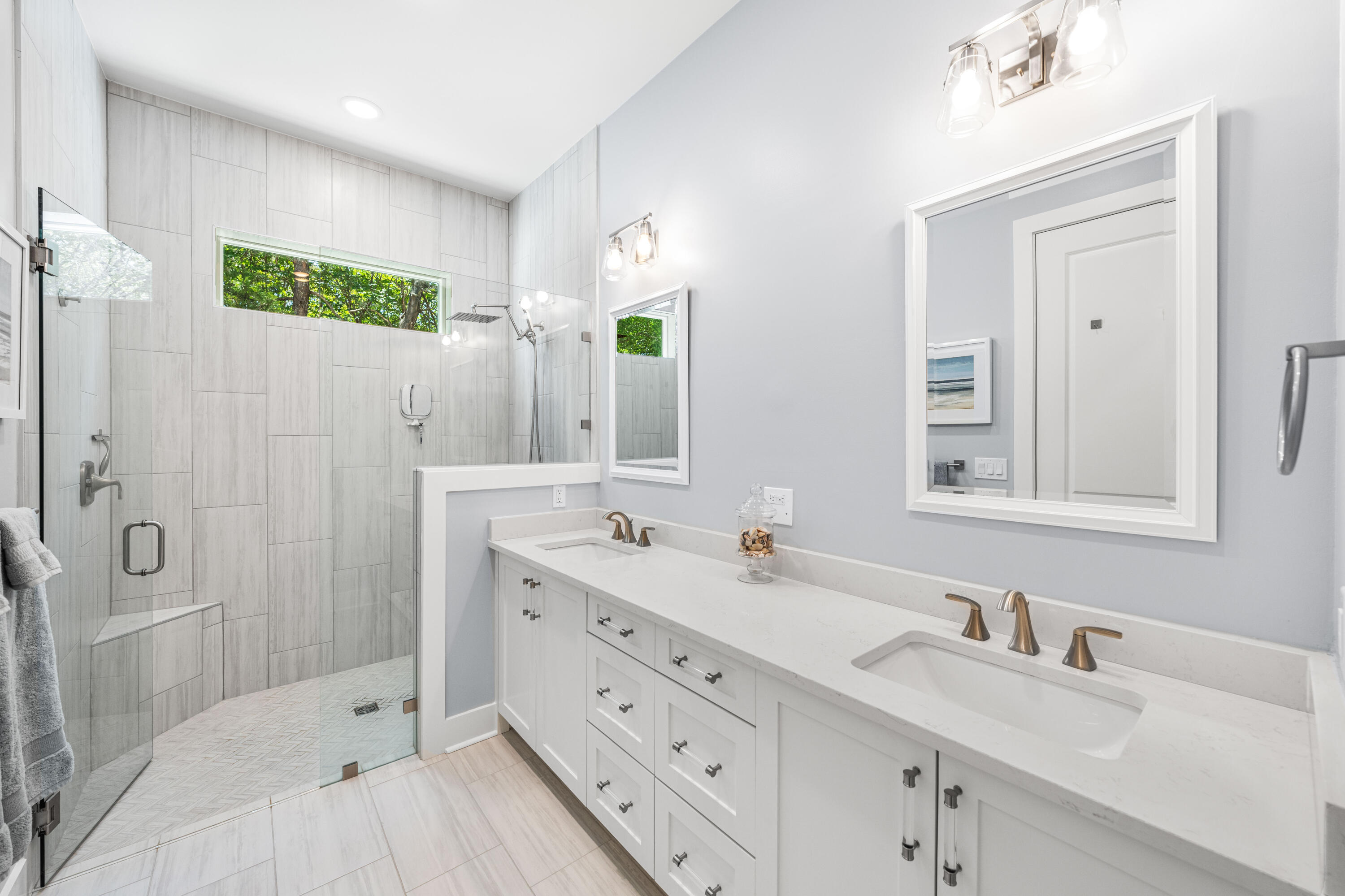 95 West Willow Mist Road Inlet Beach, FL 32461 - Photo 23 of 72 a bathroom with a double vanity sink mirror and shower