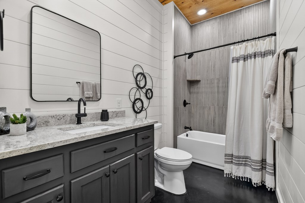 238 Hooch Holler Lane Morganton, GA 30560 - Photo 45 of 49 a bathroom with a granite countertop sink toilet and shower