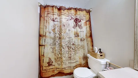 a white toilet sitting next to a shower curtain