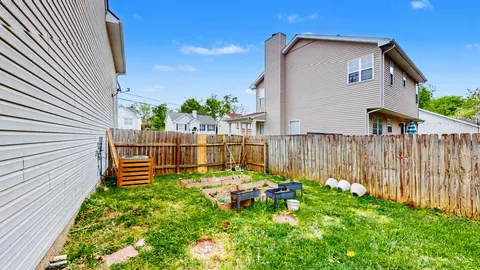 a garden view with a seating space