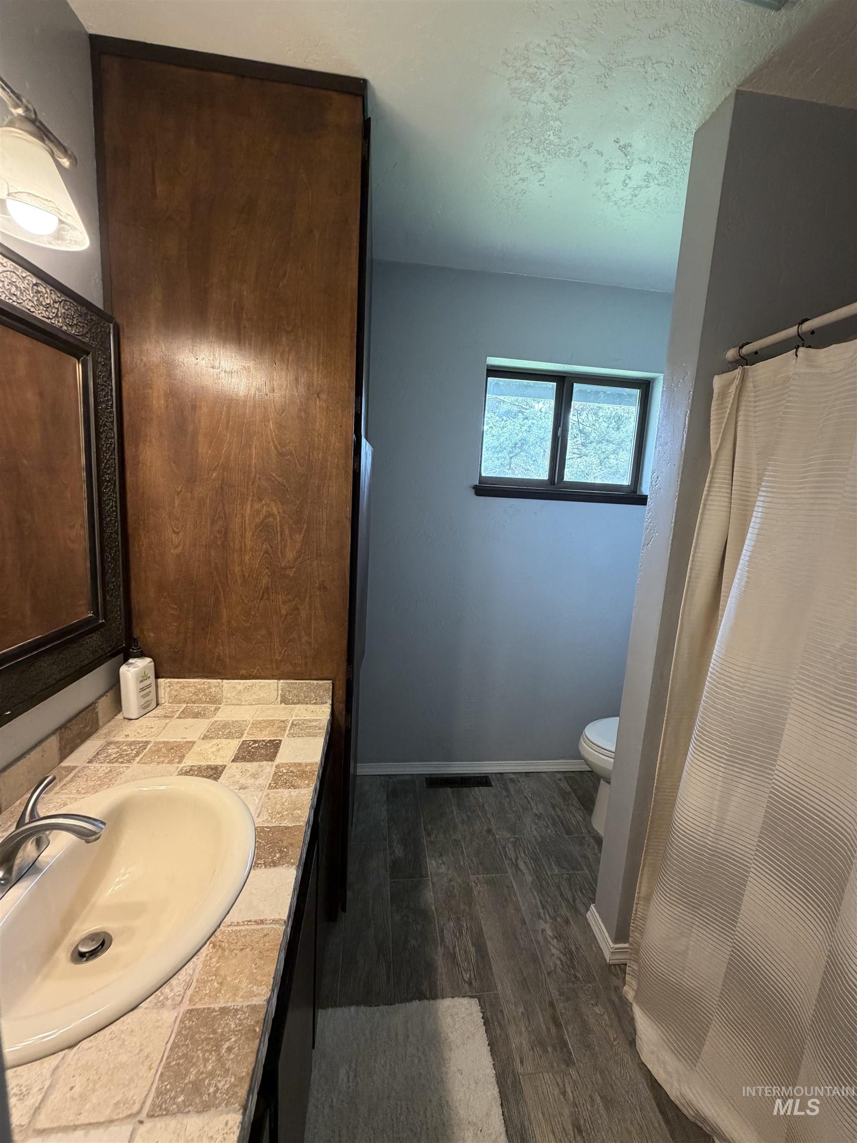 1452 Weiser River Road Weiser, ID 83672 - Photo 25 of 40 Bathroom with vanity, a shower with curtain, and dark wood-type flooring