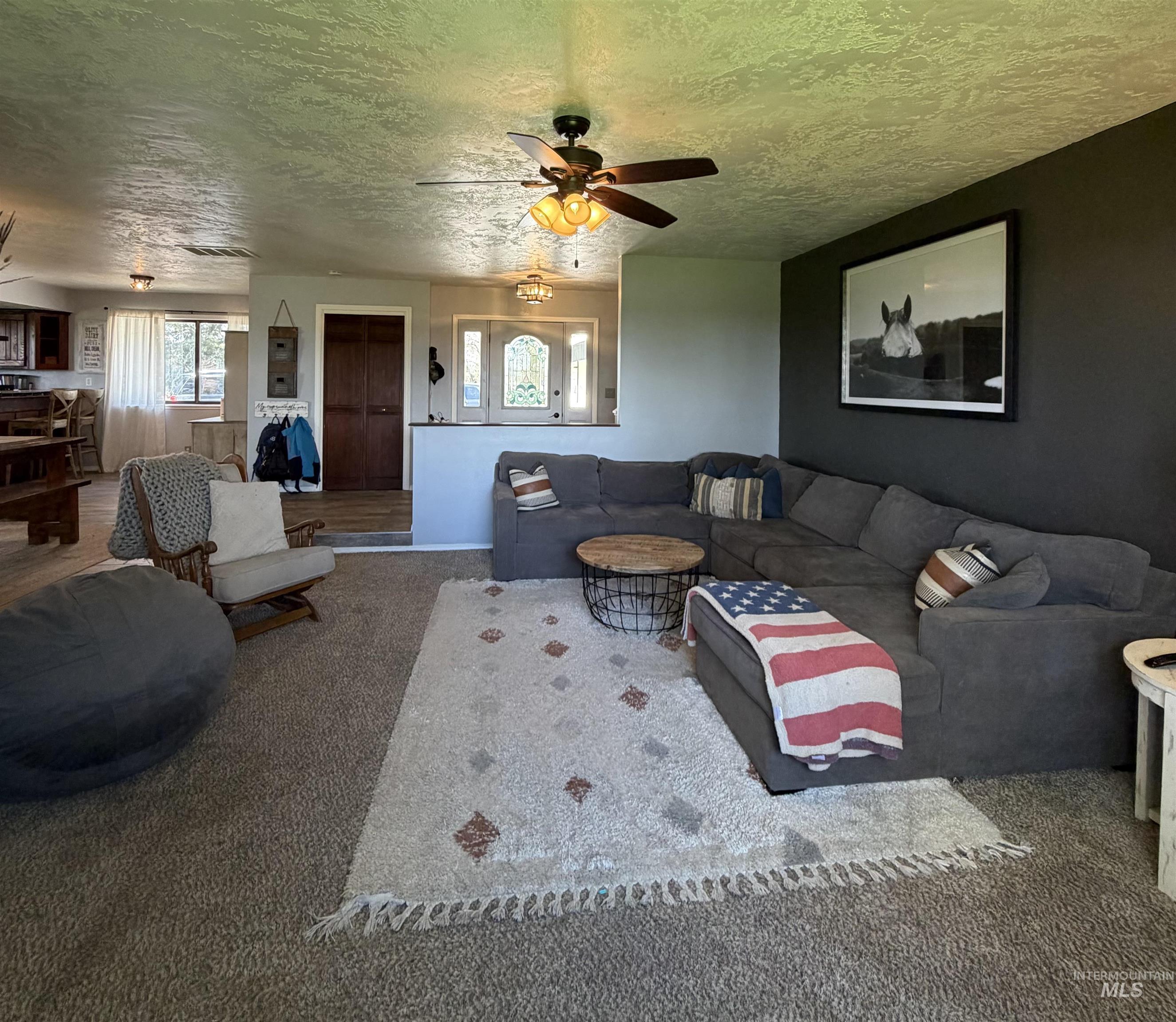 1452 Weiser River Road Weiser, ID 83672 - Photo 4 of 40 Carpeted living area featuring a ceiling fan and a textured ceiling