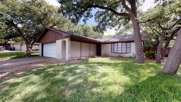 a view of a backyard with a large tree