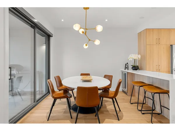 a view of a dining room with furniture and a floor to ceiling window