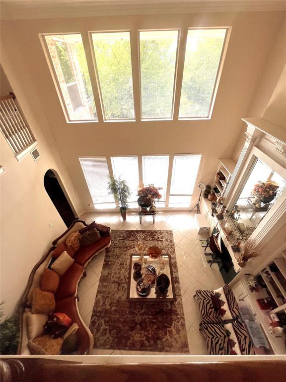 341 Rolling Oaks Ridge Cedar Hill, TX 75104 - Photo 9 of 27 Living room featuring a high ceiling, tile patterned floors, and plenty of natural light