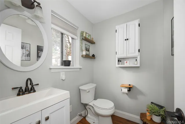 a bathroom with a sink mirror and toilet