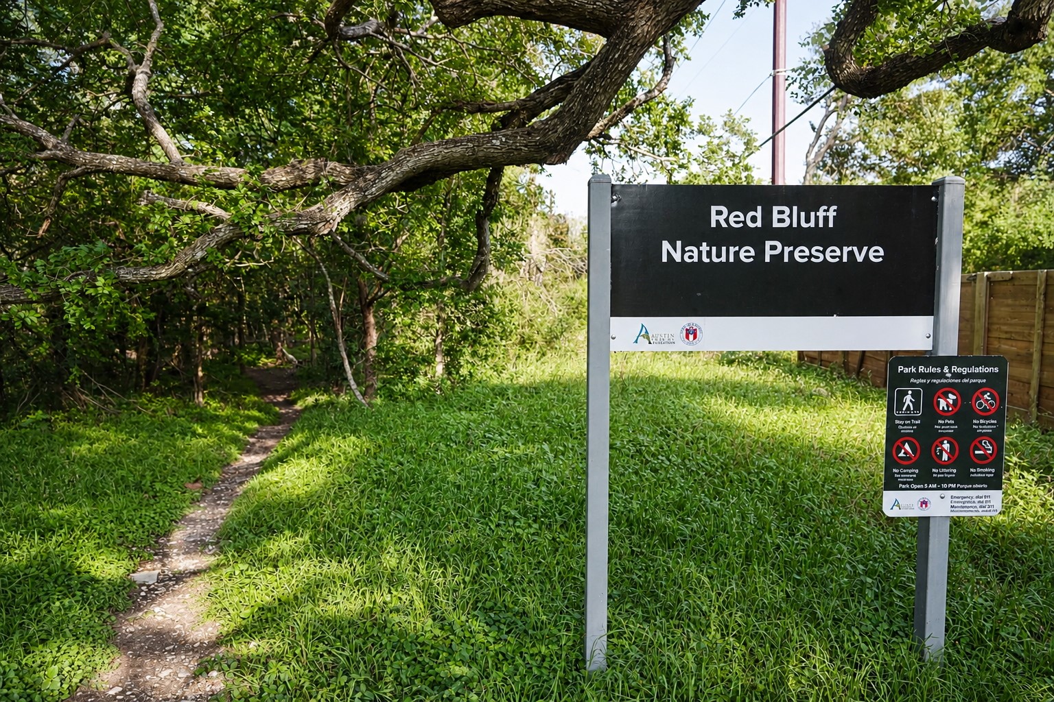 1123 Omega Avenue, Unit 1 Austin, TX 78721 - Photo 39 of 40 Entry to Red Bluff Nature Preserve, featuring a clearly marked sign with park rules and regulations